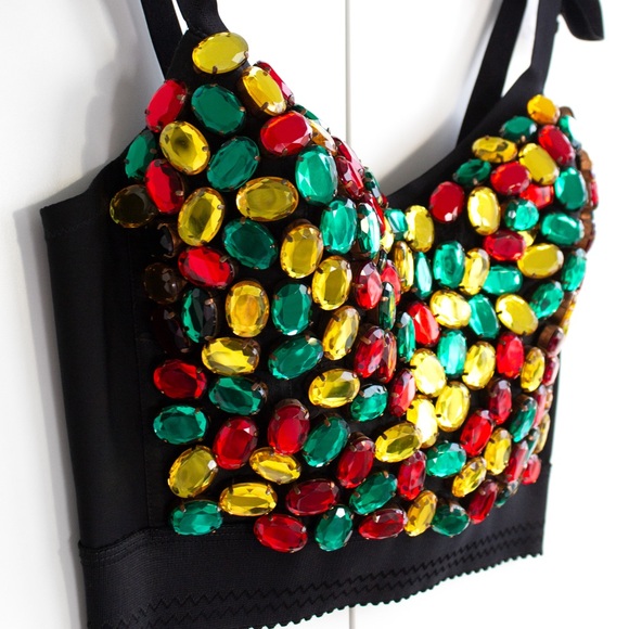 Dolce&Gabbana Vintage 1990s Rainbow Multicolor Crystal Candy Black Bustier Top - Picture 3 of 12